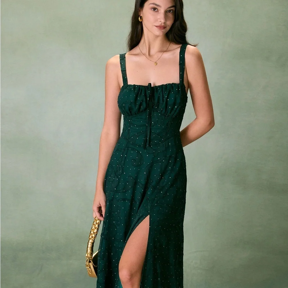 RIHOAS The Green Square Neck Jacquard Slit Midi Dress 3